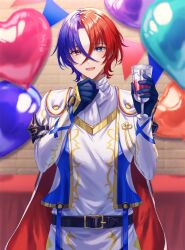 Rule 34 | 1boy, alear (fire emblem), alear (male) (fire emblem), balloon, belt, black gloves, blue eyes, blue hair, buckle, cup, drinking glass, fire emblem, fire emblem engage, gloves, gold trim, heart balloon, highres, holding, long sleeves, looking at viewer, multicolored hair, nintendo, open mouth, red eyes, red hair, short hair, smile, solo, tomo shirasu, two-tone hair, wine glass
