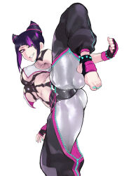 Rule 34 | 1girl, aqua nails, ass, black hair, breasts, clenched hand, fingerless gloves, gloves, gluteal fold, grin, hair horns, han juri, highres, large breasts, leg up, looking at viewer, multicolored hair, nail polish, navel, purple eyes, purple hair, puru, simple background, smile, solo, spread legs, stirrup legwear, street fighter, street fighter 6, toeless legwear, toenail polish, toenails, two-tone hair, white background