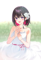 Rule 34 | 1girl, :d, absurdres, azki (hololive), black hair, blush, breasts, dress, hair ornament, highres, hololive, long hair, looking at viewer, multicolored hair, nonbire, open mouth, pink hair, purple eyes, short hair, smile, solo, virtual youtuber