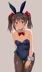 Rule 34 | 10s, 1girl, animal ears, bare shoulders, black hair, blush, bow, bowtie, breasts, brown pantyhose, cleavage, detached collar, fake animal ears, grey background, hair between eyes, hair bow, hairband, kurokawa makoto, leaning forward, leotard, looking at viewer, love live!, love live! school idol project, pantyhose, playboy bunny, rabbit ears, red eyes, simple background, solo, thigh gap, twintails, wrist cuffs, yazawa nico