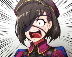 Rule 34 | 1girl, black hair, black hat, blush, constricted pupils, dress, emphasis lines, eyepatch, fate/grand order, fate (series), grey eyes, hair over one eye, hat, highres, meme, mysterious ranmaru x (fate), open mouth, parody, peaked cap, purple dress, saitou machiko, scene reference, short hair, short sleeves, solo, sotomichi, umamusume
