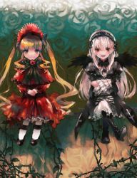Rule 34 | 00s, 2girls, aoki (fumomo), bad id, bad pixiv id, blonde hair, bonnet, boots, bow, bowtie, capelet, drawr, dress, flower, frilled sleeves, frills, gothic lolita, hairband, high heels, lolita fashion, long hair, mary janes, multiple girls, oekaki, plant, red dress, rose, rozen maiden, shinku, shoes, silver hair, sitting, suigintou, twintails, vines, white flower, white rose, wings