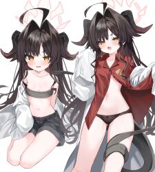Rule 34 | 1girl, absurdly long hair, ahoge, bare shoulders, black hair, black horns, black panties, black shorts, blue archive, blush, breasts, coat, collarbone, commentary, demon girl, demon horns, demon tail, fang, grey tube top, hair intakes, halo, highres, horns, kasumi (blue archive), lab coat, long hair, looking at viewer, midriff, navel, off shoulder, open mouth, panties, parted bangs, partially unbuttoned, red halo, red shirt, seiza, shirt, short shorts, shorts, shouu-kun, simple background, sitting, skin fang, sleeves past fingers, sleeves past wrists, small breasts, stomach, tail, tail wrap, underwear, v-shaped eyebrows, very long hair, white background, white coat, yellow eyes