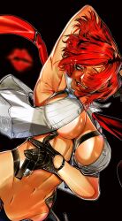 Rule 34 | 1girl, absurdres, bare shoulders, black gloves, breasts, crop top, cropped shirt, gloves, highres, large breasts, lips, lipstick, looking at viewer, makeup, mature female, midriff, navel, necktie, no bra, open clothes, open shirt, pants, red eyes, red hair, red necktie, redgray21st, shirt, short hair, sleeveless, smile, snk, solo, suspenders, the king of fighters, the king of fighters xiv, vanessa (kof)