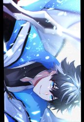 Rule 34 | 1boy, amata1006, black hair, blue cloak, blue eyes, charlemagne (fate), cloak, commentary request, fate/extella, fate/extella link, fate/extra, fate/grand order, fate (series), high collar, highres, light particles, long sleeves, looking at viewer, male focus, multicolored hair, short hair, signature, smile, solo, teeth, twitter username, two-tone hair, upper body, white cloak, white hair