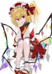 Rule 34 | 1girl, absurdres, ascot, bat wings, blonde hair, dress, flandre scarlet, frilled skirt, frills, hat, hat ribbon, highres, mob cap, open mouth, red dress, ribbon, shino2121, side ponytail, simple background, sitting, skirt, smile, thighhighs, touhou, white background, white thighhighs, wings