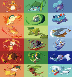 Rule 34 | brown eyes, bulbasaur, charmander, chespin, chikorita, chimchar, claws, creature, creatures (company), cyndaquil, closed eyes, fennekin, fiery tail, fire, fire, flame-tipped tail, froakie, frog, full body, game freak, gen 1 pokemon, gen 2 pokemon, gen 3 pokemon, gen 4 pokemon, gen 5 pokemon, gen 6 pokemon, gen 7 pokemon, hakkasm, highres, looking at viewer, monkey, mudkip, nintendo, no humans, oshawott, pig, piplup, pokemon, pokemon (creature), red eyes, snivy, squirtle, standing, starter pokemon trio, swimming, tail, tepig, torchic, totodile, treecko, turtwig, water