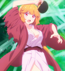 Rule 34 | 1girl, absurdres, breasts, cleavage, collarbone, highres, karin istel, large breasts, orange hair, racket, red eyes, renai flops, robe, screencap, short hair, stitched, thighs, third-party edit, torn clothes, white robe