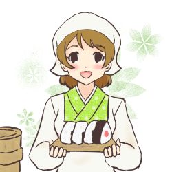 Rule 34 | 1girl, absurdres, apron, artist name, artist request, blush, breasts, brown hair, female focus, food, hair between eyes, highres, holding, holding tray, japanese clothes, kimono, koizumi hanayo, long sleeves, looking at viewer, love live!, love live! school idol project, onigiri, parted lips, purple eyes, short hair, smile, solo, tray, upper body, white apron