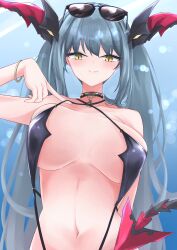 Rule 34 | 1girl, absurdres, azur lane, black choker, blue hair, breast lift, breasts, choker, collar, cross, dragon girl, dragon horns, dragon tail, eyewear on head, fang, hair between eyes, hand on own chest, hand up, highres, horns, iron cross, large breasts, long hair, looking at viewer, mechanical horns, mechanical tail, midriff, navel, osatou (soul of sugar), outdoors, pulled by self, regensburg (azur lane), regensburg (dark dragon brilliant beach) (azur lane), slit pupils, smile, solo, spiked collar, spikes, string pull, sunglasses, sunlight, swimsuit, tail, teasing, twintails, very long hair, yellow eyes