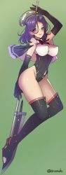 Rule 34 | 1girl, adapted costume, ass, bare shoulders, black gloves, black thighhighs, blush, boots, breasts, capelet, commentary request, elbow gloves, glaive (polearm), gloves, gradient background, green background, hair between eyes, halo, high heels, highres, kantai collection, large breasts, leotard, looking at viewer, mechanical halo, medium hair, open mouth, polearm, purple eyes, purple hair, sleeveless, smile, solo, takeda aranobu, tatsuta (kancolle), tatsuta kai ni (kancolle), thigh boots, thighhighs, thighs, twitter username