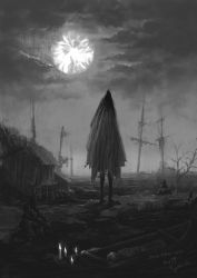 Rule 34 | 1other, ambiguous gender, artist name, bloodborne, candle, cloud, full body, greyscale, highres, hood, hood up, hooded robe, house, monochrome, moon, outdoors, robe, solo, standing, stone, torn clothes, torn robe, tripdancer, water