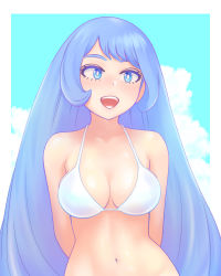 Rule 34 | 10s, 1girl, :d, arms behind back, bare arms, bare shoulders, bikini, blue eyes, blue hair, blue sky, boku no hero academia, border, breasts, breasts apart, cleavage, cloud, cowboy shot, day, eyelashes, facing viewer, hadou nejire, halterneck, happy, highres, long hair, looking to the side, matching hair/eyes, medium breasts, navel, open mouth, outdoors, shpo, sky, smile, solo, string bikini, swimsuit, teeth, tongue, underwear, upper body, very long hair, white bikini
