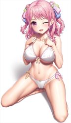 Rule 34 | 1girl, alternate hairstyle, bang dream!, bare arms, bare legs, bare shoulders, barefoot, bikini, blue ribbon, breasts, cameltoe, cleavage, cleft of venus, collarbone, covered erect nipples, green ribbon, hair bobbles, hair ornament, hair ribbon, hands on own chest, kneeling, lambda (kusowarota), large breasts, legs, looking at viewer, maruyama aya, navel, one eye closed, open mouth, pink eyes, pink hair, pink ribbon, ribbon, simple background, smile, solo, stomach, swimsuit, thighs, toes, two side up, white background, white bikini, yellow ribbon
