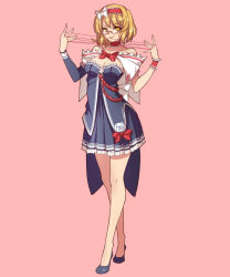 Rule 34 | 1girl, adapted costume, alice margatroid, bad id, bad pixiv id, bare shoulders, bespectacled, blonde hair, bow, breasts, cleavage, crossed legs, derivative work, dress, flower, full body, glasses, hairband, highres, kugi ta hori taira, crossed legs, medium breasts, short hair, smile, solo, standing, thread, touhou, watson cross, wengcang hefeng, wrist cuffs, yellow eyes