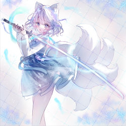 Rule 34 | 1girl, :d, animal ear fluff, animal ears, black nails, blue skirt, blush, commentary request, fox ears, fox girl, fox tail, grey eyes, hair between eyes, highres, holding, holding sword, holding weapon, katana, kitsune, long hair, looking at viewer, nail polish, open mouth, original, pleated skirt, skirt, smile, solo, sword, tail, tandohark, weapon, white hair