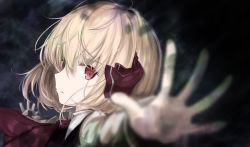 Rule 34 | 1girl, ascot, blonde hair, darkness, frown, hair ribbon, lit ter, looking at viewer, looking to the side, outstretched arms, pov, pov hands, red eyes, ribbon, rumia, touhou