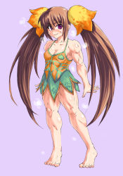 Rule 34 | 1girl, barefoot, breasts, brown hair, buchou chinke, feet, long hair, looking at viewer, luminous arc, muscular, potpourri (luminous arc), purple eyes, small breasts, smell, smile, solo, standing, sweat, toes, twintails