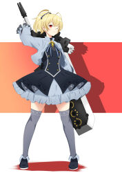 Rule 34 | 1girl, absurdres, ahoge, andou tazusa, arm at side, arm up, assault lily, black dress, black footwear, blonde hair, blue ribbon, buttons, closed mouth, commentary, dress, drop shadow, frilled dress, frilled sleeves, frills, full body, gloves, gradient background, grey dress, grey thighhighs, hair ribbon, highres, holding, holding sword, holding weapon, layered dress, light brown hair, long sleeves, looking at viewer, neck ribbon, official alternate costume, one eye closed, orange background, ponytail, purple ribbon, red background, ribbon, senri (senri03151221), shoes, short dress, short hair, solo, standing, striped ribbon, sword, sword behind back, thighhighs, two-tone dress, weapon, white background, white gloves, zettai ryouiki