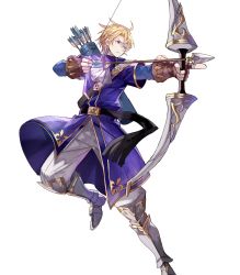 Rule 34 | 1boy, arrow (projectile), blonde hair, boots, bow (weapon), drawing bow, fingerless gloves, fire emblem, fire emblem: the binding blade, fire emblem heroes, full body, gloves, highres, holding bow (weapon), klein (fire emblem), male focus, nintendo, official art, purple eyes, quiver, solo, transparent background, weapon