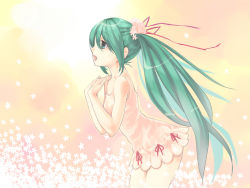 Rule 34 | dress, flower, gk, green eyes, green hair, hatsune miku, long hair, music, open mouth, singing, solo, twintails, vocaloid