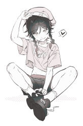 Rule 34 | 1boy, braid, commentary request, fridaynightcat, genshin impact, heart, highres, long hair, looking at viewer, male focus, midriff peek, short sleeves, shorts, simple background, smile, socks, solo, spoken heart, trap, untied shoe, venti (genshin impact), white background