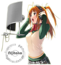 Rule 34 | 1girl, antenna hair, beamed quavers, crotchet rest, hands on headphones, headphones, kantoku, microphone, microphone stand, music, musical note, open mouth, orange hair, original, plaid, plaid skirt, pleated skirt, ponytail, quaver, quaver rest, recording studio, red eyes, scarf, singing, skirt, solo, staff (music), studio microphone, sweater vest, treble clef, vest