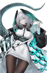 Rule 34 | 1girl, absurdres, aqua nails, aqua wings, arknights, black pantyhose, breasts, coat, cowboy shot, dress, fingerless gloves, fingernails, gloves, grey hair, head wings, highres, ho&#039;olheyak (arknights), impossible clothes, impossible dress, koio, large breasts, open clothes, open coat, pantyhose, pencil dress, sharp fingernails, snake tail, solo, tail, white coat, wings