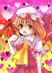 Rule 34 | 1girl, ascot, blonde hair, crystal wings, flandre scarlet, hat, hat ribbon, heart, highres, open mouth, red ribbon, ribbon, short hair, side ponytail, sirayuki710, solo, touhou, upper body, yellow ascot