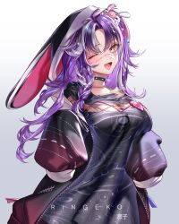 1girl :d absurdres artist_name black_choker black_dress breasts choker cleavage collarbone commentary cowboy_shot dress english_commentary fang gradient_background highres large_breasts long_hair looking_at_viewer michi_mochievee multicolored_hair official_art one_eye_closed open_mouth parted_bangs purple_hair ringeko-chan skin_fang sleeves_past_fingers sleeves_past_wrists smile solo stitches streaked_hair virtual_youtuber vshojo white_hair yellow_eyes