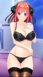 Rule 34 | 1girl, bed, black bra, black panties, black thighhighs, blue eyes, blush, bra, breasts, butterfly hair ornament, flower bra, flower panties, go-toubun no hanayome, hair ornament, hair ribbon, hand on own chest, hand on own stomach, highres, large breasts, lingerie, looking at viewer, nakano nino, navel, non-web source, panties, pink hair, ribbon, short hair, smile, thighhighs, underwear