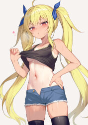 1girl alexmaster black_tank_top blonde_hair blue_bow blue_shorts bow breasts clothes_lift commentary_request hair_bow hand_on_own_hip highres lifting_own_clothes long_hair medium_breasts navel original red_eyes shirt_lift short_shorts shorts solo standing tank_top twintails very_long_hair