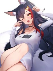 Rule 34 | 1girl, ;o, animal ear fluff, animal ears, bare legs, black choker, black hair, blouse, breasts, brown eyes, choker, hair ornament, hairclip, hands up, highres, hololive, large breasts, long hair, long sleeves, looking at viewer, lying, multicolored hair, ninsaki (9saki), off shoulder, on back, one eye closed, ookami mio, ookami mio (casual), open mouth, red hair, shirt, sleeves past wrists, solo, streaked hair, very long hair, virtual youtuber, white background, white shirt, wolf ears