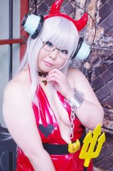 Rule 34 | 1girl, asian, bat wings, blue eyes, breasts, chain, cleavage, cosplay, cuffs, curvy, demon girl, fake horns, fat, fork, glasses, halloween costume, headphones, heart, horns, jewelry, keito (cosplayer), long hair, looking at viewer, low wings, pendant, photo (medium), plump, shackles, silver hair, solo, super taruco, super taruco (cosplay), wings, wrist cuffs
