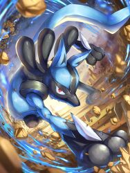Rule 34 | absurdres, blurry, blurry foreground, cloud, commentary request, creatures (company), desert, full body, game freak, gen 4 pokemon, highres, looking at viewer, lucario, nintendo, outdoors, pokemon, pokemon (creature), red eyes, ririri (user rkrv7838), rock, sky, solo