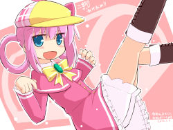 Rule 34 | :d, bloomers, blue eyes, boots, bow, bowtie, capelet, collar, dated, dress, flat cap, gem, hair rings, hakuun (m2230), hat, highres, knee boots, long sleeves, open mouth, pink capelet, pink dress, pink hair, sherlock shellingford, sidelocks, smile, solo, tantei opera milky holmes, translation request, underwear, white bloomers, white collar, yellow bow, yellow bowtie