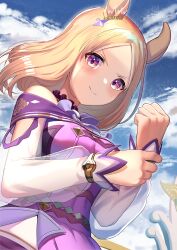 Rule 34 | 1girl, absurdres, animal ears, bare shoulders, blonde hair, blue sky, blush, breasts, clenched hand, closed mouth, commentary request, dress, ear covers, gradient eyes, highres, horse ears, horse girl, long sleeves, looking at viewer, medium breasts, medium hair, multicolored eyes, narita top road (umamusume), outdoors, purple dress, see-through, see-through sleeves, single ear cover, sky, smile, solo, umamusume, upper body, wanderlucia