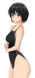 Rule 34 | 1girl, absurdres, amagami, black hair, black one-piece swimsuit, breasts, brown eyes, competition swimsuit, cowboy shot, highleg, highleg swimsuit, highres, looking at viewer, nanasaki ai, one-piece swimsuit, sailor collar, shirt, short hair, simple background, small breasts, solo, swimsuit, two-tone swimsuit, white background, yoo tenchi