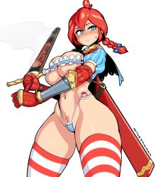 Rule 34 | 1girl, abs, areolae, armor, badge, bikini, blue bow, blue eyes, blush, bow, braid, breast hold, breast press, breast squeeze, breasts, cape, capelet, crop top, cropped shirt, curvy, curvy body, curvy hips, employee uniform, fast food, fast food uniform, female focus, female knight, female pubic hair, food, gloves, gold armor, gold trim, golden arms, hair ornament, highres, huge breasts, large breasts, leather, leather gloves, looking at viewer, looking down, medal, medallion, micro bikini, micro panties, name tag, navel, nervous, nisetanaka, panties, pubic hair, red hair, restaurant, scabbard, scrunchie, shadow, sheath, short hair, short twintails, smoke, smoke trail, solo, solo focus, stomach, striped, striped legwear, striped panties, swimsuit, sword, thighhighs, twin braids, twintails, underwear, uniform, weapon, weapon bag, weapon case, weapon insertion, wendy&#039;s, wendy (wendy&#039;s), white background, white panties, wide hips, woman