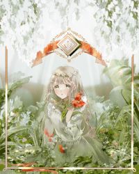 Rule 34 | 1girl, absurdres, bug, butterfly, dress, flower, frilled dress, frills, grass, green dress, green eyes, greenhouse, hair flower, hair ornament, highres, insect, leaf, long hair, looking at viewer, original, outdoors, picture frame, plant, sakuraba nao, solo, white butterfly