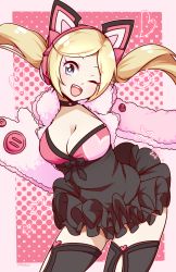 Rule 34 | 1girl, ;d, animal ear headphones, animal ears, animal hands, black thighhighs, blonde hair, blue eyes, breasts, cat ear headphones, cat ears, cat tail, choker, cleavage, commentary, cowboy shot, english commentary, fake animal ears, fang, fur trim, gloves, headphones, highres, long hair, lucky chloe, lyn (shunao), medium breasts, namco, one eye closed, open mouth, paw gloves, pink background, smile, solo, tail, tekken, tekken 7, thighhighs, twintails, zettai ryouiki