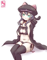 Rule 34 | 10s, 1girl, 2016, :3, abyssal ship, adapted costume, animal ears, animal hat, bell, black bra, black cape, black panties, black thighhighs, blush, bra, breasts, cape, cat cutout, cat ear panties, cat ears, cat hat, cat lingerie, choker, cleavage cutout, clothing cutout, collar, dated, frilled bra, frills, green eyes, grey hair, hat, highres, kanon (kurogane knights), kantai collection, large breasts, looking at viewer, meme attire, navel, neck bell, pale skin, panties, short hair, short hair with long locks, side-tie panties, simple background, sitting, solo, thighhighs, twitter username, underwear, white background, wo-class aircraft carrier
