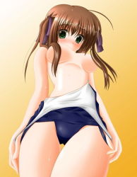 Rule 34 | 1girl, artist request, bad anatomy, blush, breasts, brown hair, clothes pull, from below, green eyes, looking down, looking up, one-piece swimsuit, one-piece swimsuit pull, poorly drawn, pulled by self, school swimsuit, small breasts, solo, swimsuit, topless, undressing