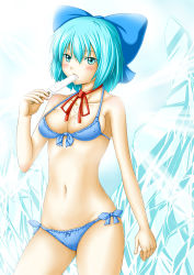 Rule 34 | 1girl, bikini, blue eyes, blue hair, blush, bow, breasts, cirno, cleavage, female focus, food, front-tie top, hair bow, highres, ice, ke-lions so, matching hair/eyes, medium breasts, popsicle, sexually suggestive, short hair, side-tie bikini bottom, solo, swimsuit, touhou, white background, wings