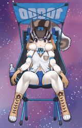 Rule 34 | 1girl, animal ears, boots, bottle, brown eyes, brown hair, chair, chipmunk ears, chipmunk girl, chipmunk tail, extra ears, full body, gloves, kemono friends, kemono friends v project, kneehighs, looking at viewer, microphone, ribbon, shirt, short hair, shorts, siberian chipmunk (kemono friends), simple background, sitting, socks, solo, tail, vest, virtual youtuber, water bottle, yoshizaki mine