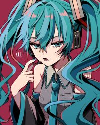Rule 34 | 1girl, :d, adjusting clothes, adjusting headwear, arm at side, bare shoulders, blue eyes, blue hair, blue nails, blue necktie, breasts, collared shirt, frilled shirt, frills, grey shirt, hair between eyes, hair ornament, hatsune miku, headset, highres, index finger raised, long hair, looking at viewer, lower teeth only, medium breasts, microphone, naguno-0713, nail polish, necktie, number tattoo, open mouth, red background, serious, shirt, sidelocks, simple background, sleeveless, sleeveless shirt, smile, solo, tattoo, teeth, twintails, upper body, v-shaped eyebrows, very long hair, vocaloid