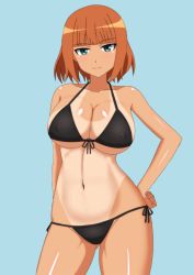 Rule 34 | 1girl, arm behind back, bikini, black bikini, blue background, brave witches, breasts, contrapposto, cowboy shot, front-tie top, gluteal fold, green eyes, groin tendon, gundula rall, hachimitsu-b, hand on own hip, large breasts, navel, one-piece tan, orange hair, short hair, side-tie bikini bottom, skin tight, smile, solo, swimsuit, tan, tanline, thighs, world witches series