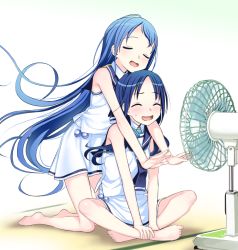 Rule 34 | 2girls, :d, ^ ^, bare arms, bare legs, bare shoulders, barefoot, black neckerchief, blue eyes, blue hair, blue sailor collar, blush, closed eyes, commentary request, electric fan, floating hair, gradient hair, green eyes, hot, indian style, indoors, kantai collection, kneeling, kumadano, long hair, low twintails, miniskirt, multicolored hair, multiple girls, neckerchief, no gloves, no legwear, open mouth, outstretched arms, outstretched hand, sailor collar, samidare (kancolle), school uniform, serafuku, shirt, simple background, single horizontal stripe, sitting, skirt, sleeveless, sleeveless shirt, smile, suzukaze (kancolle), swept bangs, tatami, twintails, very long hair, white background, white shirt, white skirt, wind, wind lift