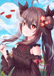 Rule 34 | 1girl, absurdres, ahoge, alternate costume, benzi li, black ribbon, blue sky, boo tao (genshin impact), breasts, brown dress, brown hair, brown nails, closed mouth, clothing cutout, cloud, day, double bun, dress, floating hair, flower, flower-shaped pupils, frilled dress, frilled sleeves, frills, genshin impact, ghost, hair between eyes, hair bun, hair flower, hair ornament, hair ribbon, highres, hu tao (genshin impact), long hair, long sleeves, looking at viewer, medium breasts, nail polish, outdoors, plum blossoms, red eyes, red flower, ribbon, shoulder cutout, sidelocks, sky, smile, solo, symbol-shaped pupils, upper body