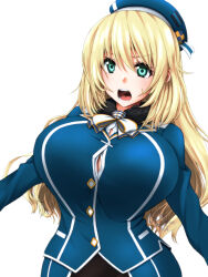 Rule 34 | 1girl, atago (kancolle), beret, blonde hair, blue hat, blue jacket, breasts, button gap, green eyes, hat, highres, huge breasts, jacket, kantai collection, koutarou (plusdrive), long hair, long sleeves, military, military uniform, open mouth, shirt, simple background, solo, uniform, upper body, white background, white shirt